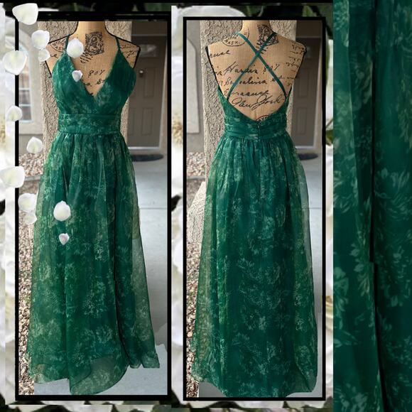 Lulus Romance That Wows Dark Green Floral Print Organza Maxi Dress Size S - Picture 6 of 14